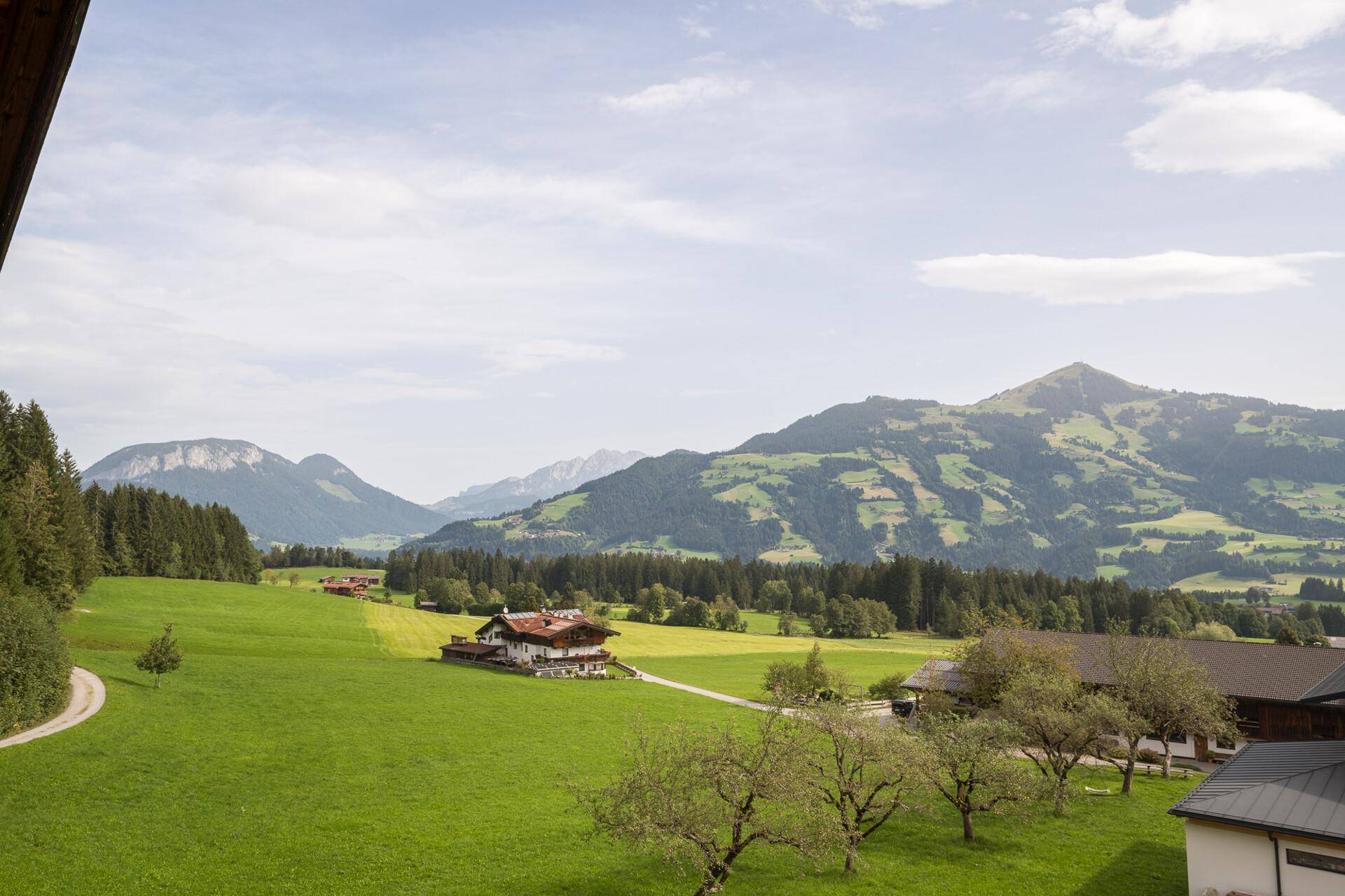 Panoramablick vom Balkon über sanfte Hügel, grüne Felder und die beeindruckende Bergkulisse.