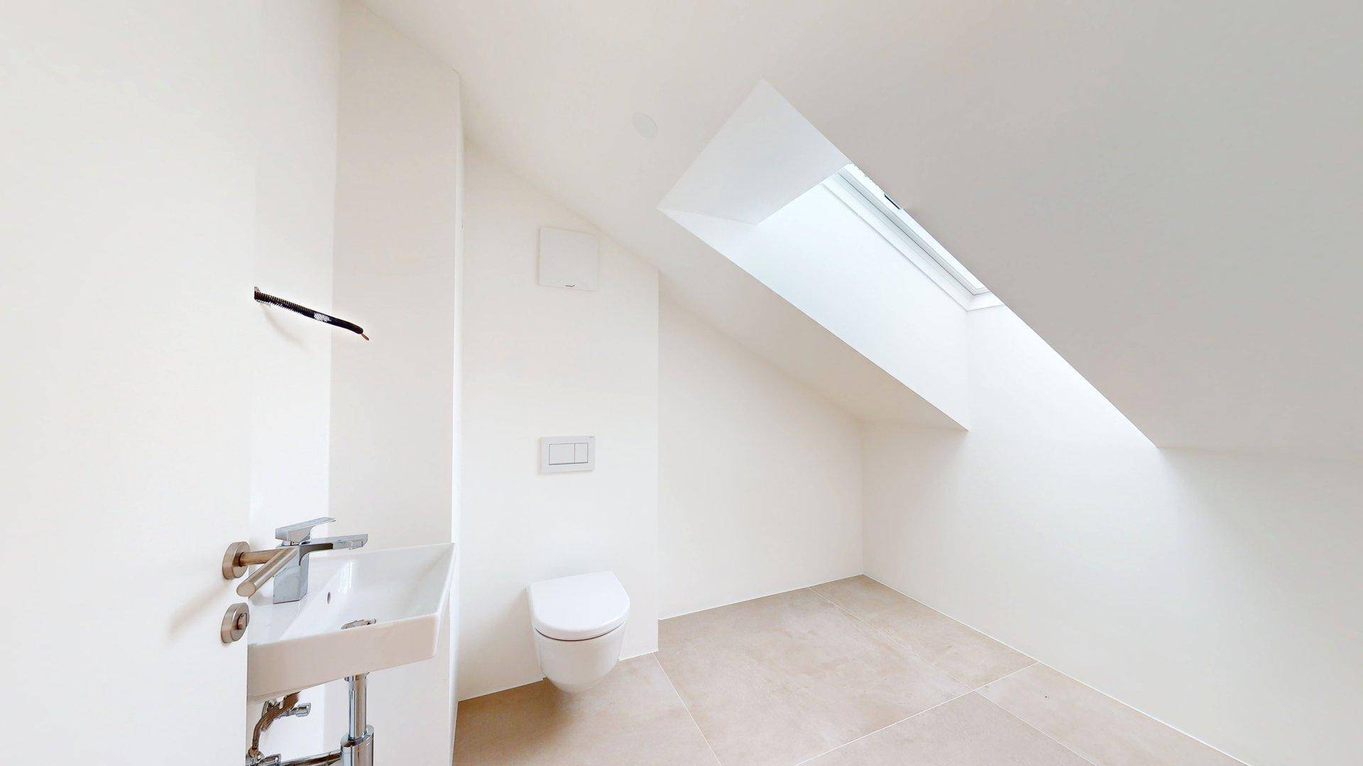 Separates WC mit modernem Waschtisch, wandhängender Toilette und Dachfenster.