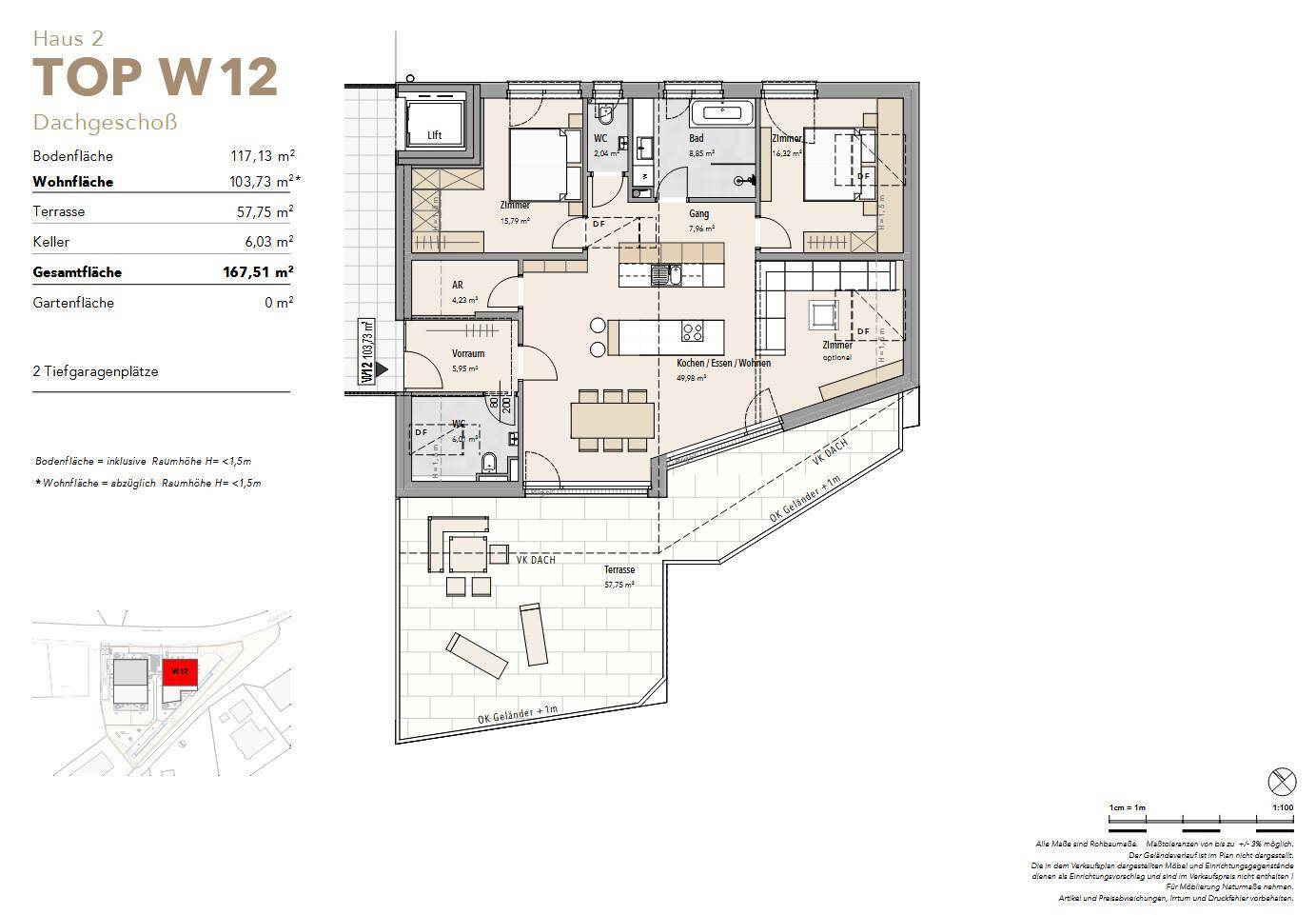 Grundriss der Dachgeschosswohnung mit großer Terrasse und offenem Wohnbereich.