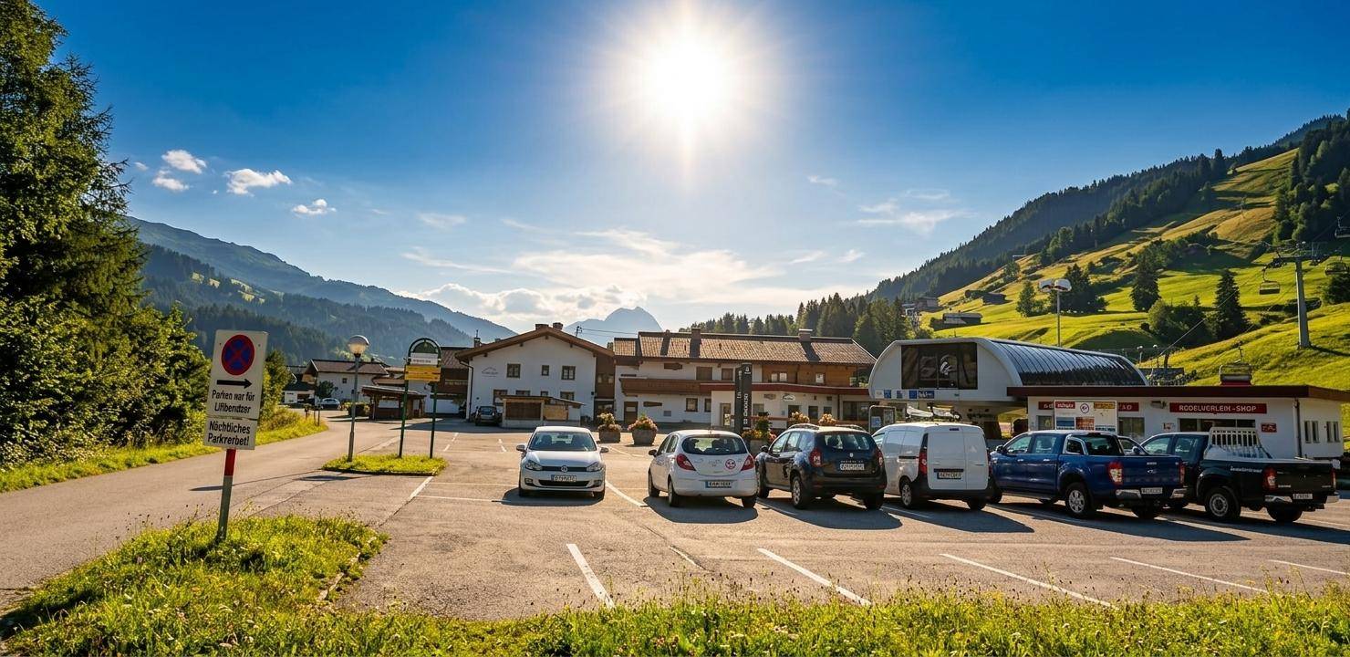 Sonniger Parkplatz vor einer Bergkulisse mit Gebäuden und einer Seilbahnstation im Hintergrund.