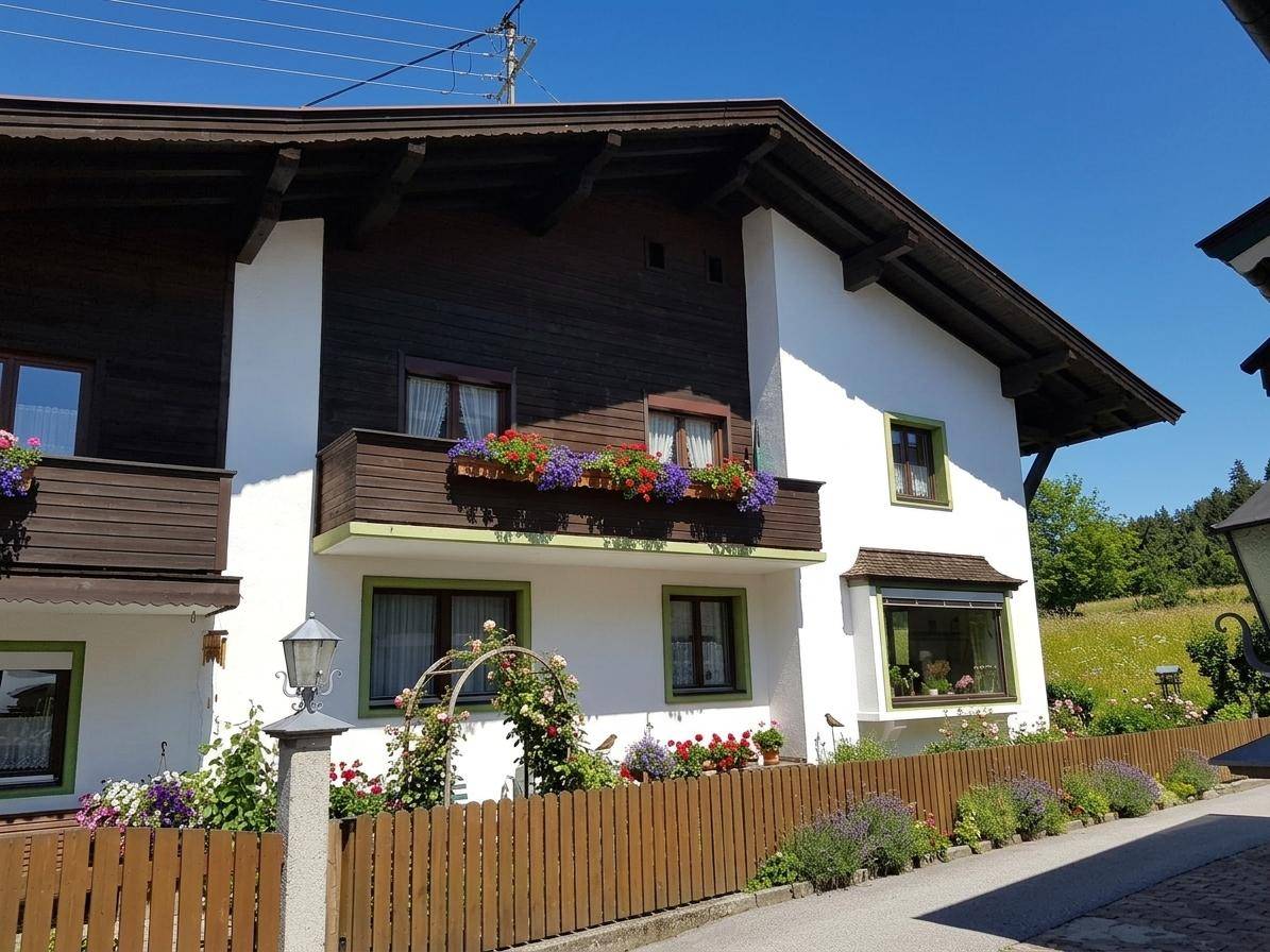 Alpines Gebäude mit Holzbalkonen und blühenden Blumenkästen, umgeben von einem gepflegten Garten.