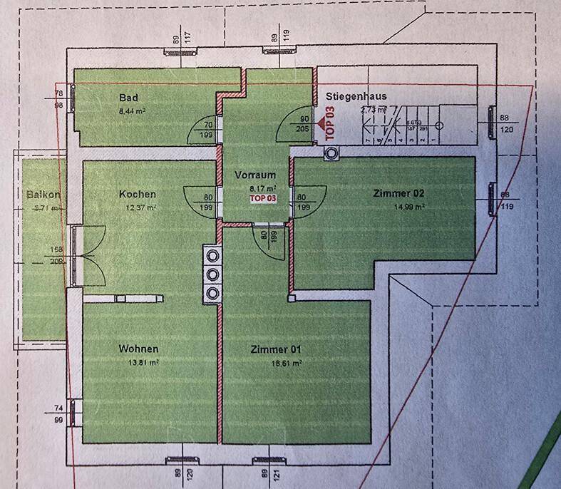 Grundriss der Wohnung mit Balkon, Bad, Küche und zwei Zimmern.