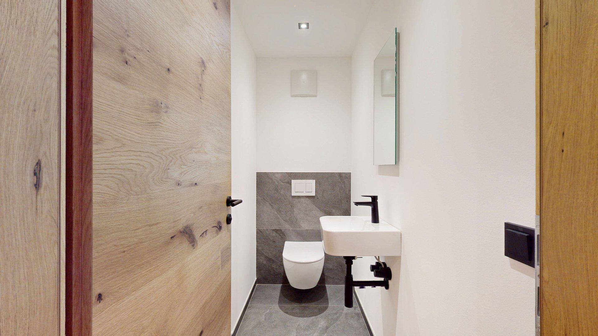 Modernes Gäste-WC mit grauen Fliesen, wandhängendem WC und kleinem Waschbecken.