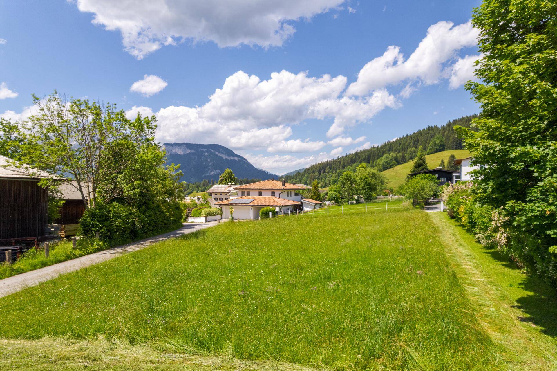 Weitläufige grüne Wiesen mit einem malerischen Bergpanorama und vereinzelten Häusern unter blauem Himmel.