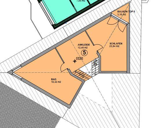 Grundriss eines Schlafzimmers mit Ankleide, Bad und Zugang zu einem kleinen Balkon.