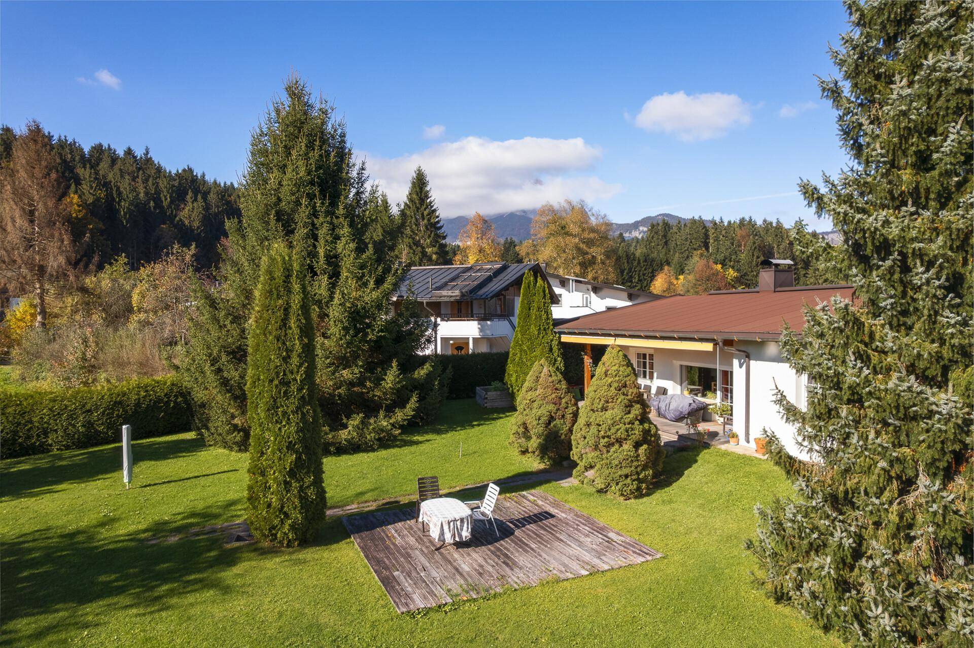 Sonniger Garten mit Rasenfläche, hohen Nadelbäumen und einer Holzterrasse direkt am Haus für gemütliche Stunden.