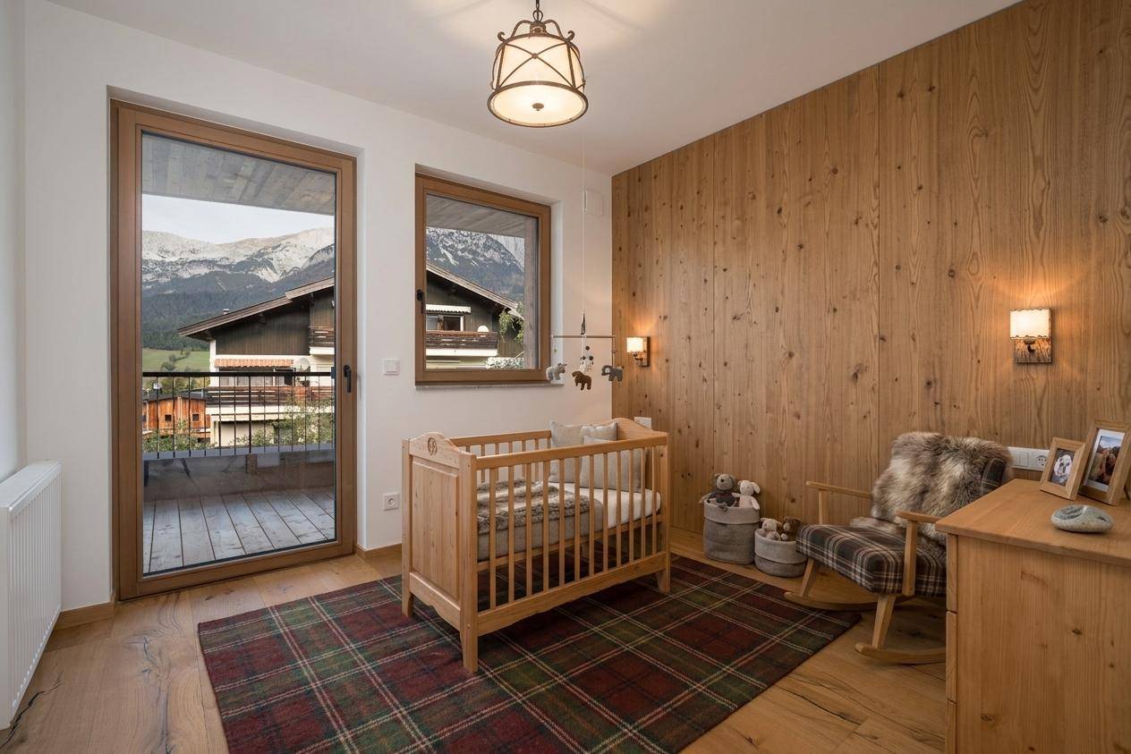 Kinderzimmer mit Babybett, Holzvertäfelung und Zugang zu einem Balkon mit Blick auf die Berge.