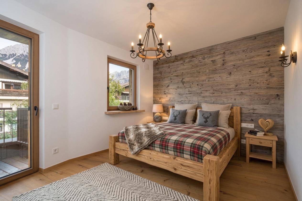 Schlafzimmer im alpinen Stil mit Holzbett, Akzentwand und Zugang zu einem Balkon mit Bergblick.