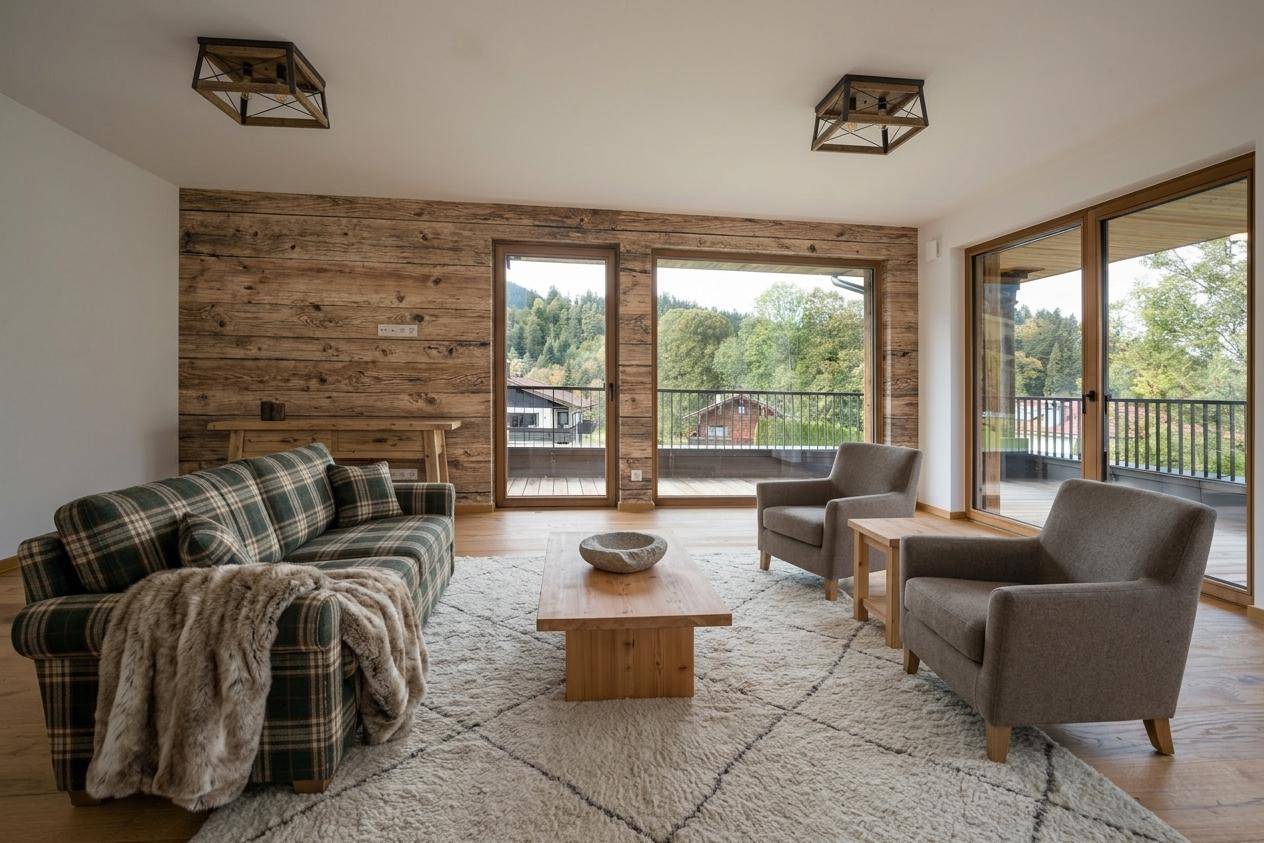 Rustikales Wohnzimmer mit Holzwand, kariertem Sofa und Zugang zu einem Balkon mit grüner Aussicht.