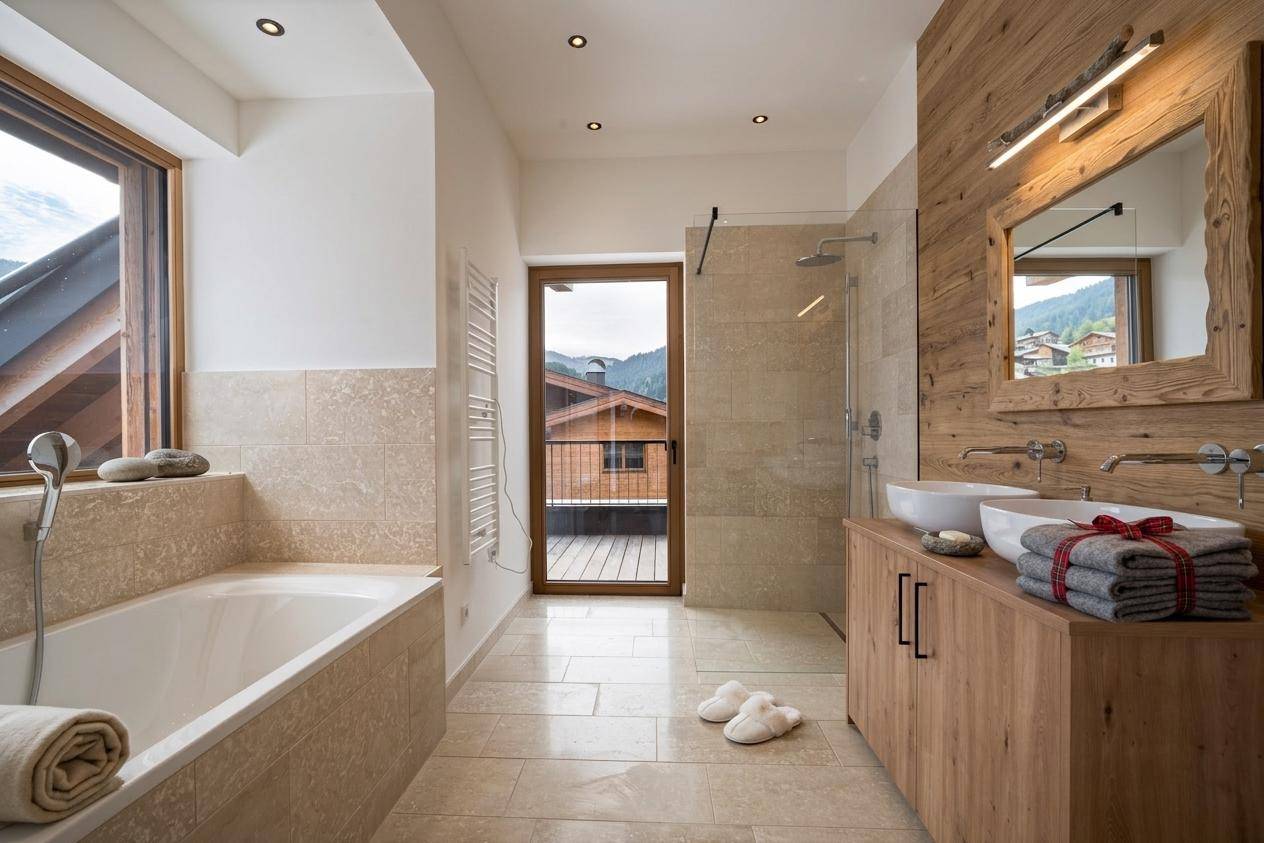 Modernes Badezimmer mit Badewanne, begehbarer Dusche, Doppelwaschbecken und Zugang zum Außenbereich.
