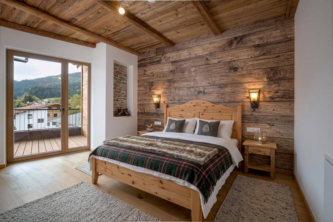 Gemütliches Schlafzimmer mit Holzwand und -decke, Doppelbett und direktem Zugang zu einem Balkon.