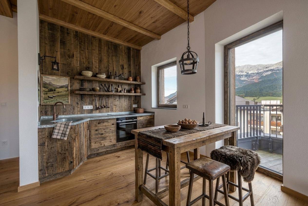 Rustikale Küche im alpinen Stil mit Holzelementen, integrierten Geräten und einem Essbereich mit Bergblick.