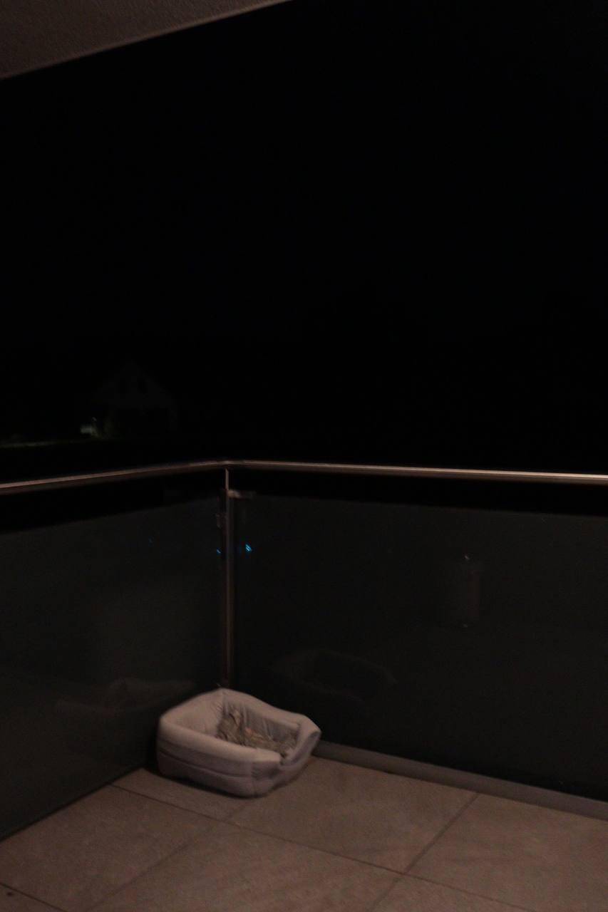 Balkon bei Nacht mit Fliesenboden und einem Haustierbett in der Ecke, umgeben von Dunkelheit.