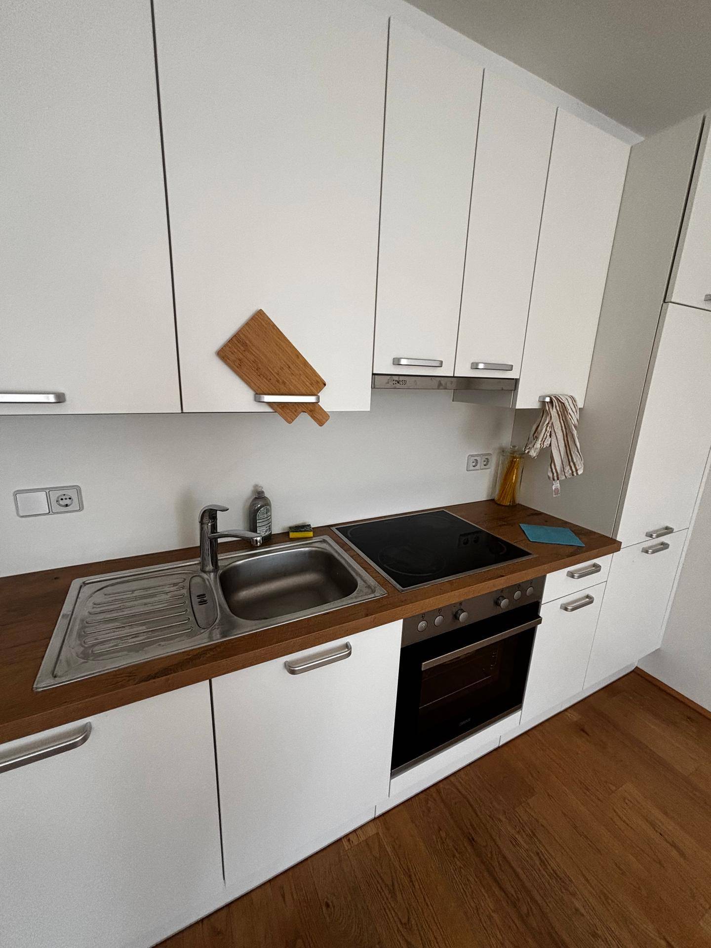 Detailansicht der Küche mit Spüle, Induktionskochfeld und Backofen unter Holzarbeitsplatte.