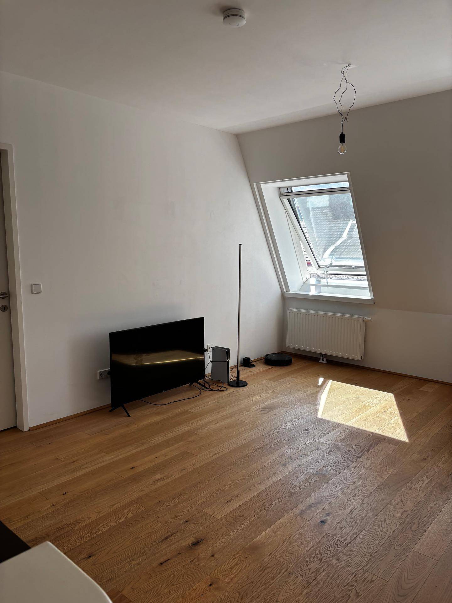 Heller Wohnbereich im Dachgeschoss mit Holzboden, Dachfenster und Fernseher.