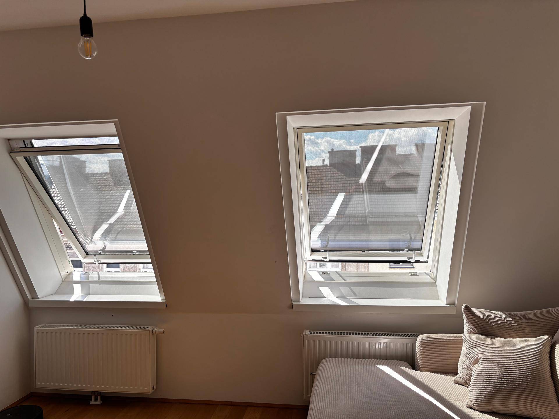 Zwei große Dachfenster im Wohnzimmer sorgen für viel natürliches Licht und Ausblick.
