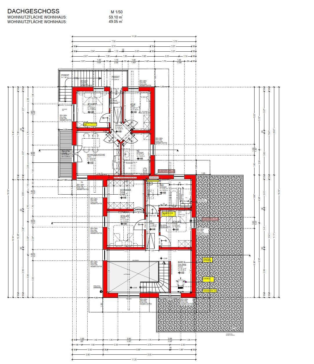 Grundriss des Dachgeschosses mit Schlafzimmern, Bädern und Wohnbereichen.