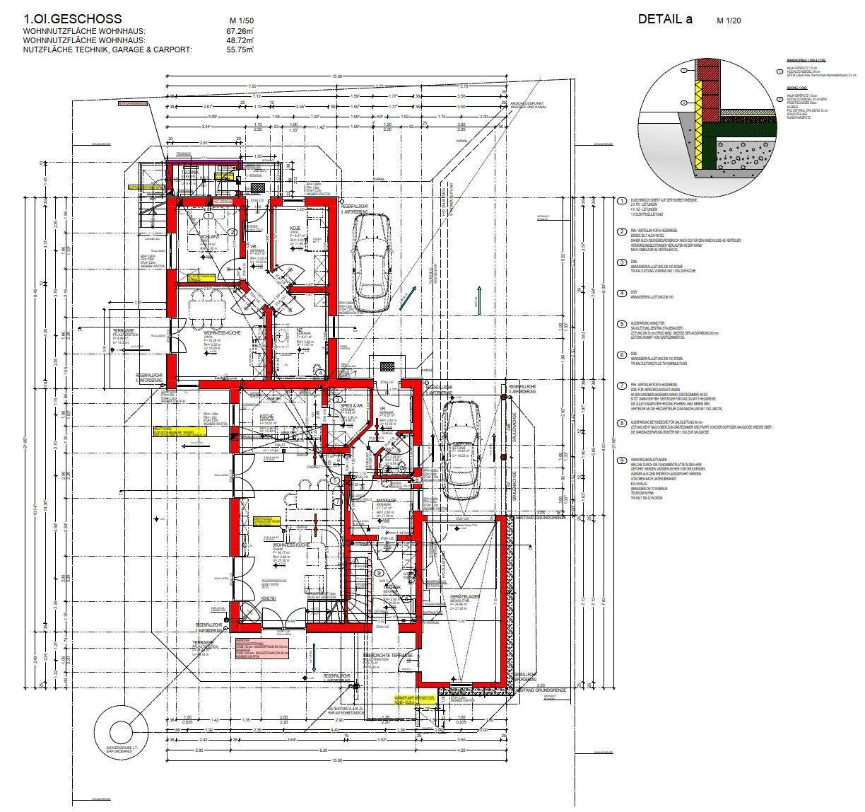 Grundriss des ersten Obergeschosses mit Wohnbereichen, Schlafzimmern und Carport.