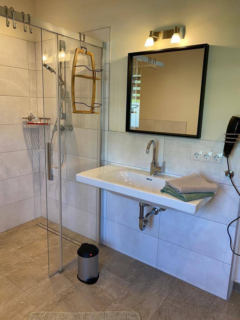 Modernes Badezimmer mit ebenerdiger Dusche, Einzelwaschbecken und großem Spiegel.