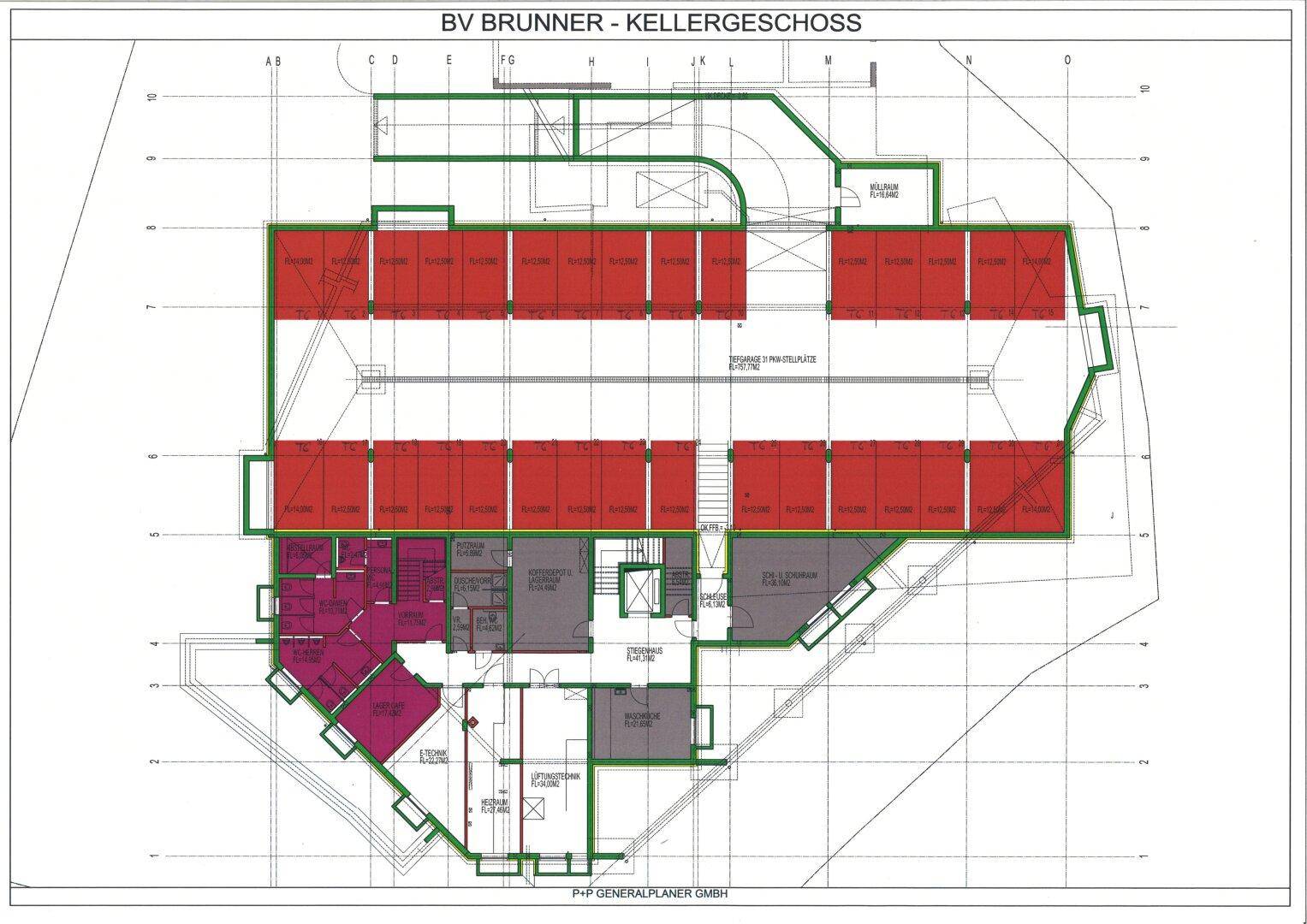 Grundriss des Kellergeschosses mit Lagerflächen, Technikräumen und Zugang zum Treppenhaus.