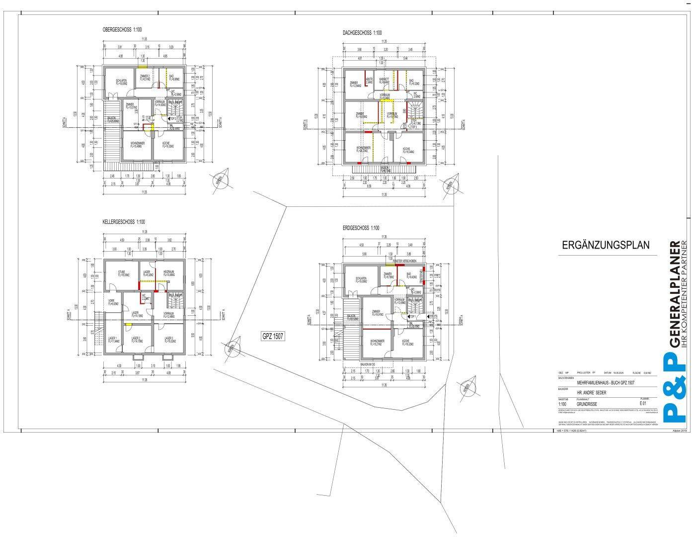 Ergänzungsplan mit Grundrissen für Keller-, Erd-, Ober- und Dachgeschoss.