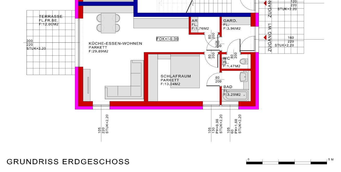 Grundriss des Erdgeschosses mit offenem Wohn-Essbereich, Schlafzimmer, Bad und Terrasse.