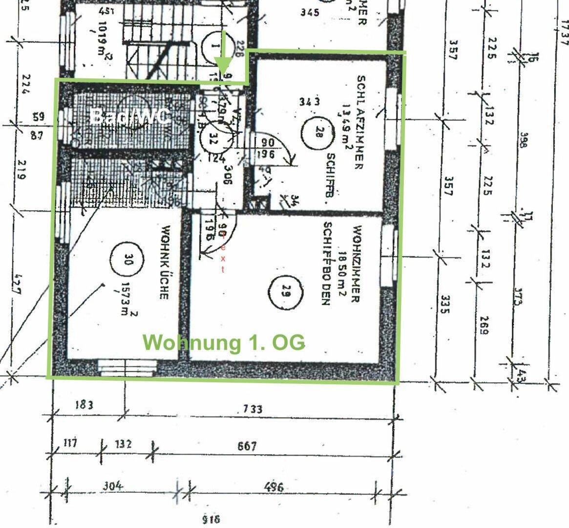 Grundriss der Wohnung im ersten Obergeschoss mit Wohnküche, Schlafzimmer und Bad/WC.