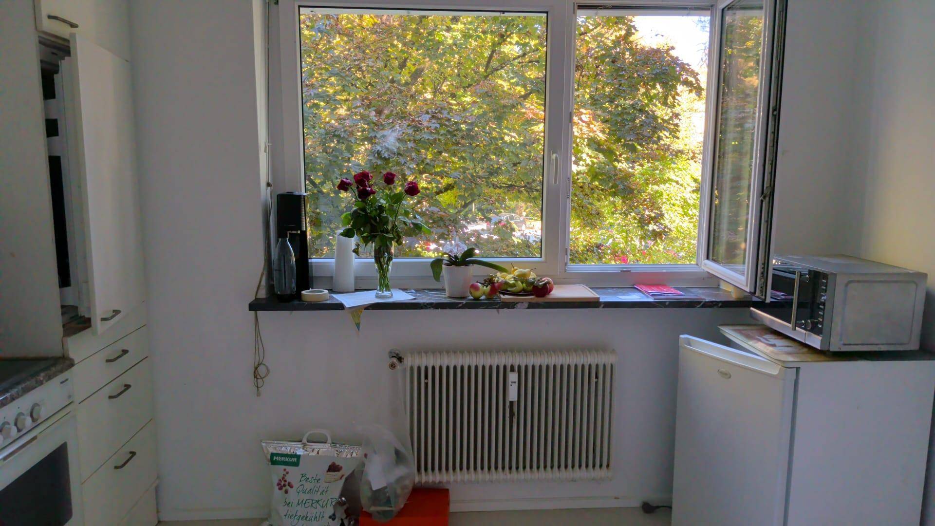 Helle Küche mit Fensterblick ins Grüne und Platz für einen kleinen Essbereich.