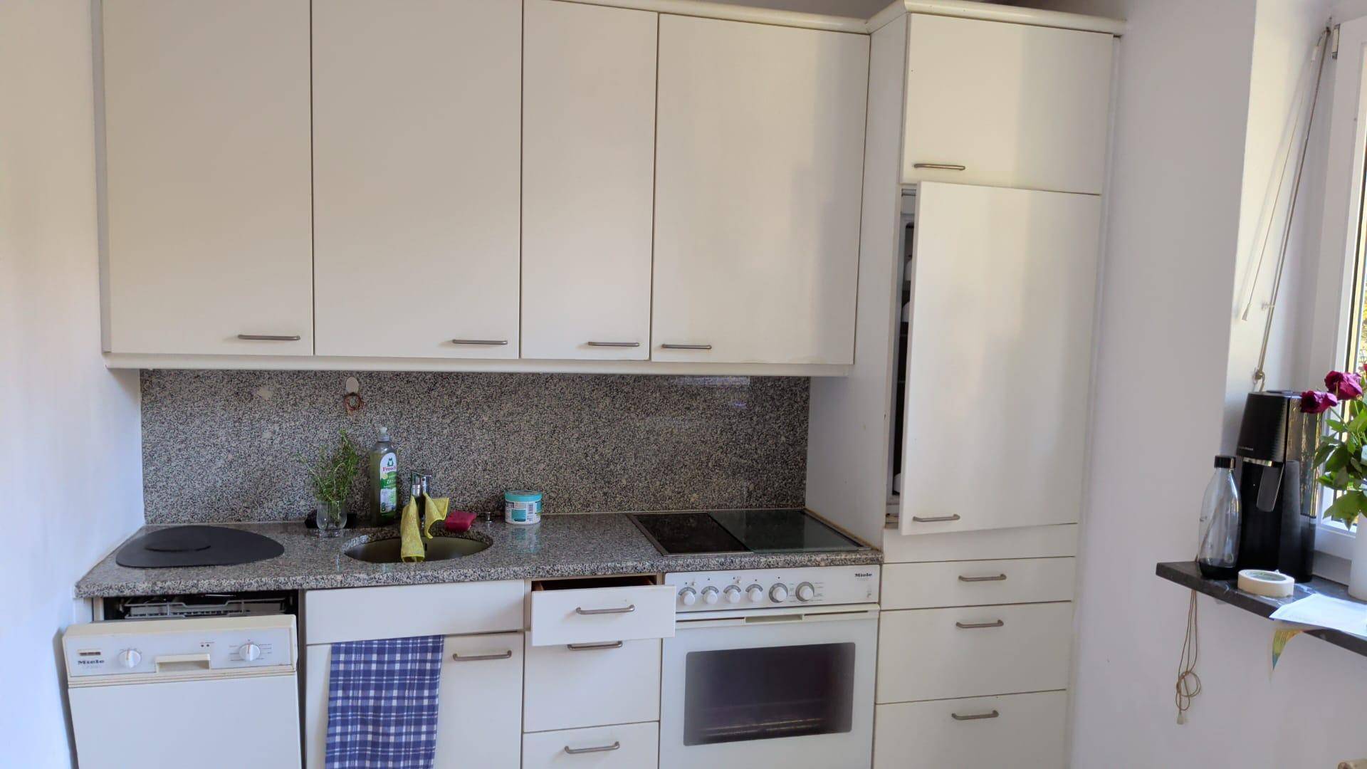Funktionale Küche mit weißen Schränken, Granitarbeitsplatte und integrierten Geräten.
