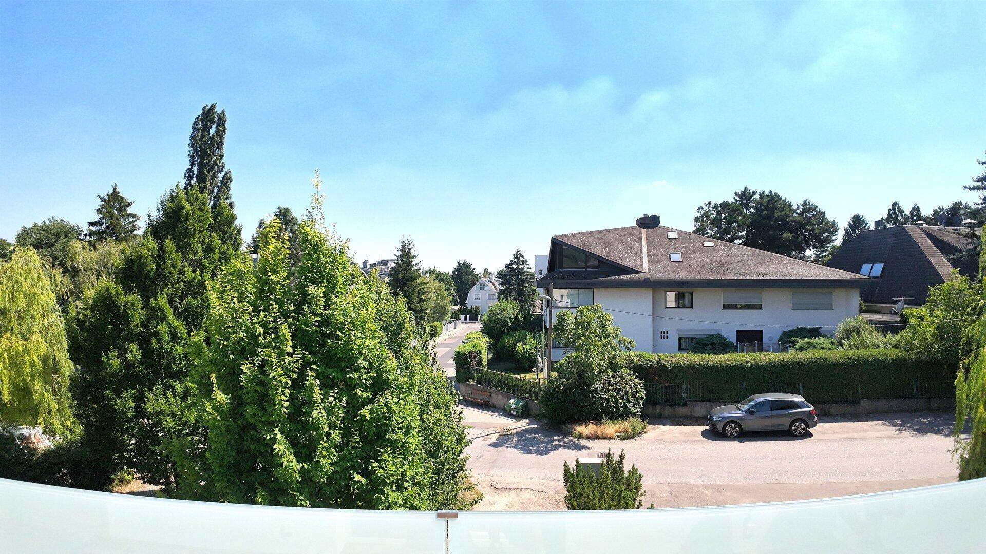 Weitblick von einem Balkon über eine ruhige Wohnstraße mit viel Grün und Häusern.