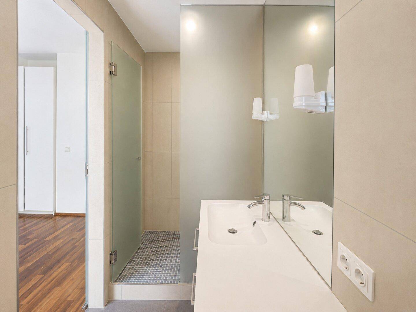 Modernes Badezimmer mit Einzelwaschbecken, großem Spiegel und begehbarer Dusche mit Milchglastür.