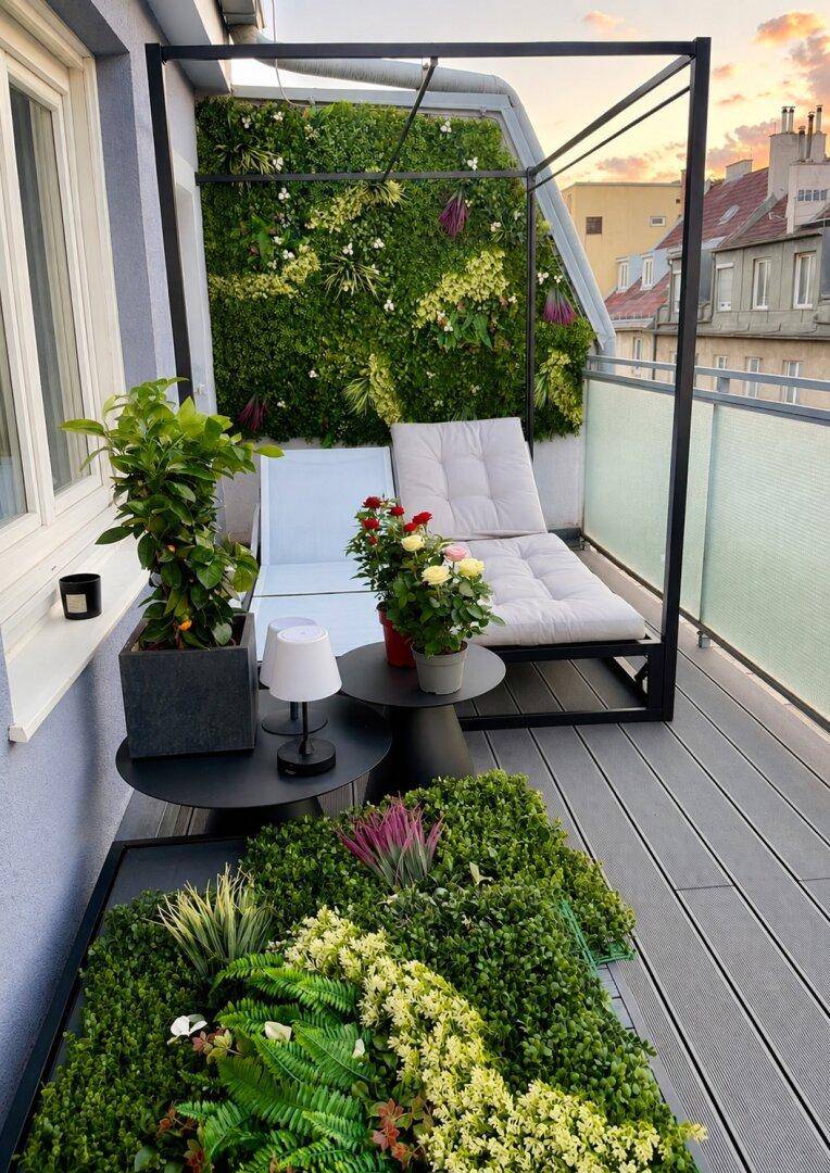Moderner Balkon mit vertikalem Garten, Liegefläche und Pflanzen für entspannte Stunden im Freien.