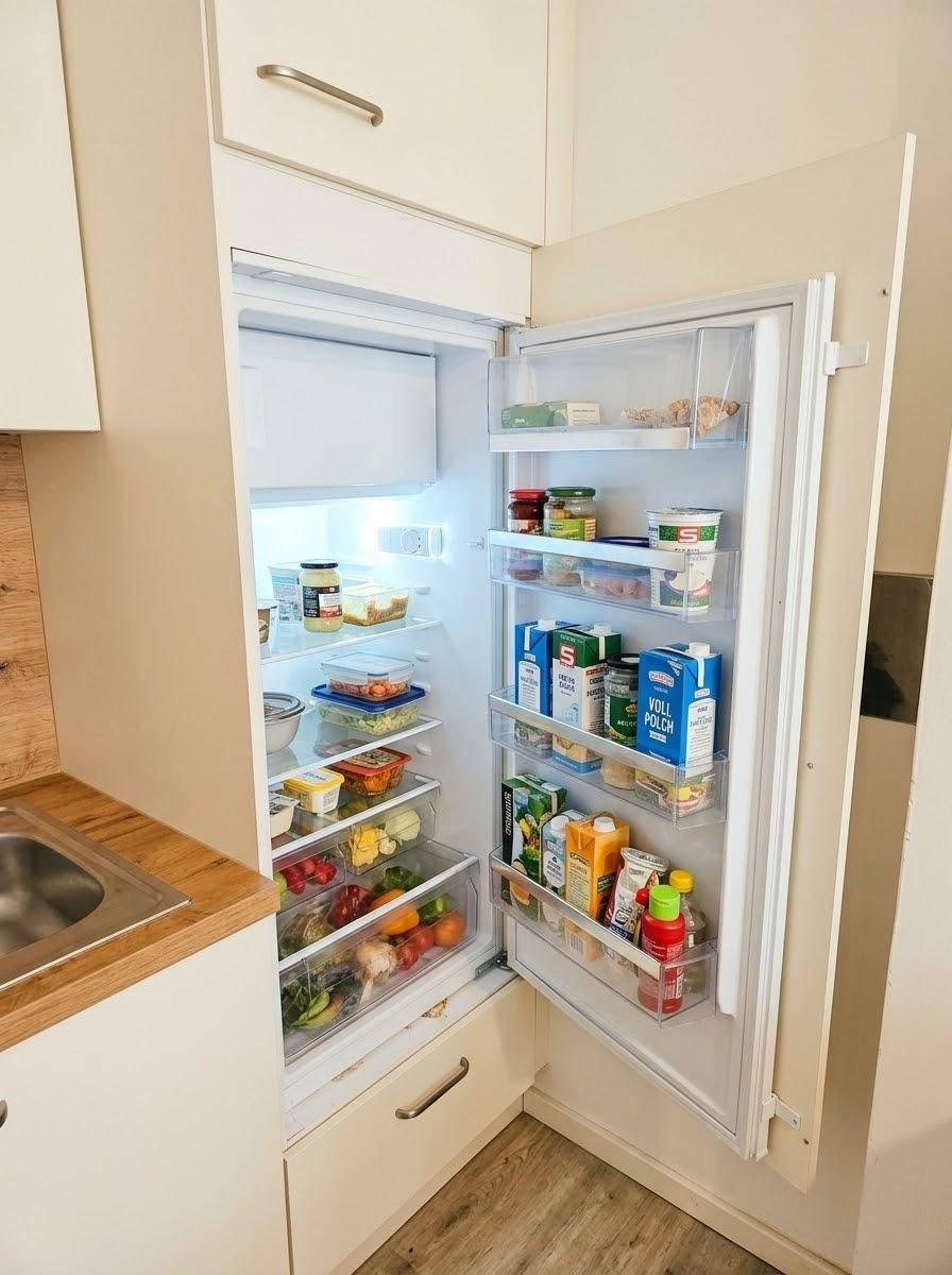 Eingebauter Kühlschrank in einer hellen Küche mit Holzdetails.
