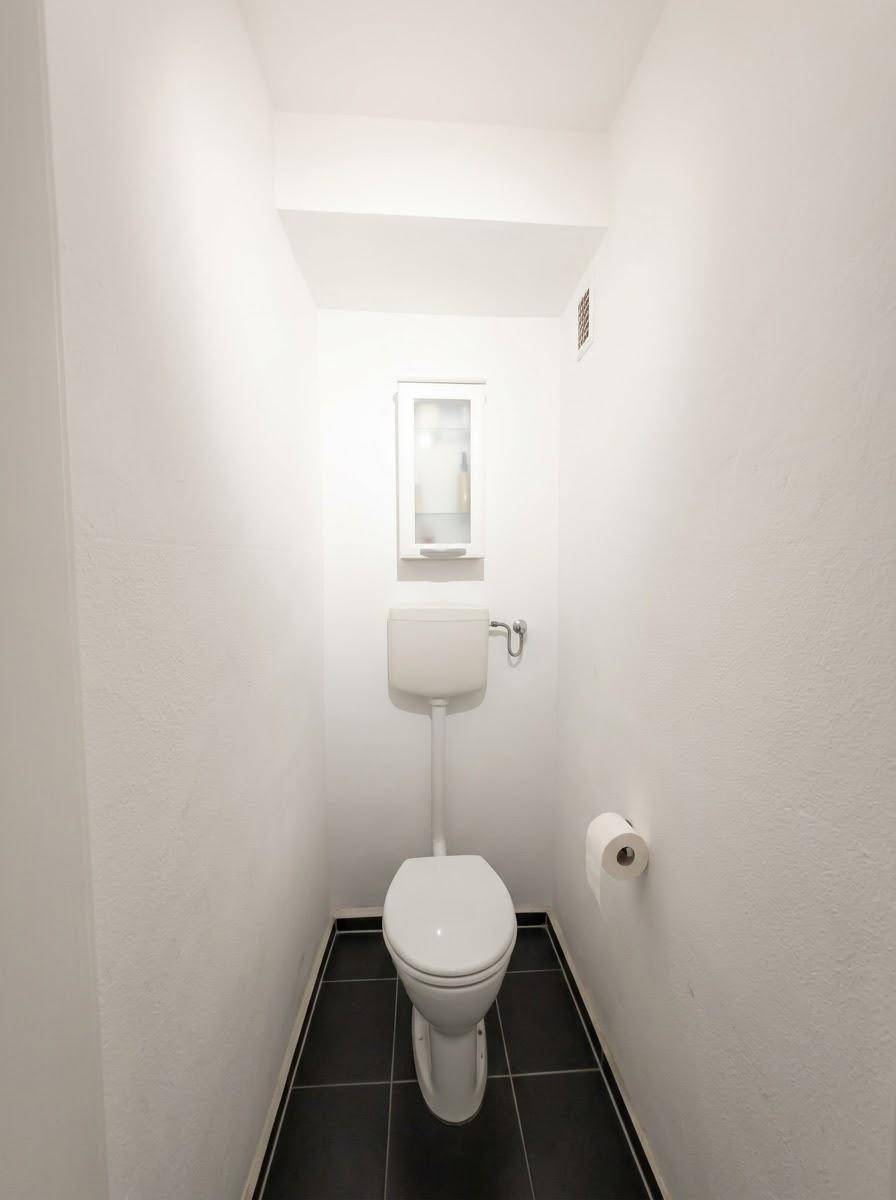 Kleines separates WC mit Toilette und dunklem Fliesenboden.