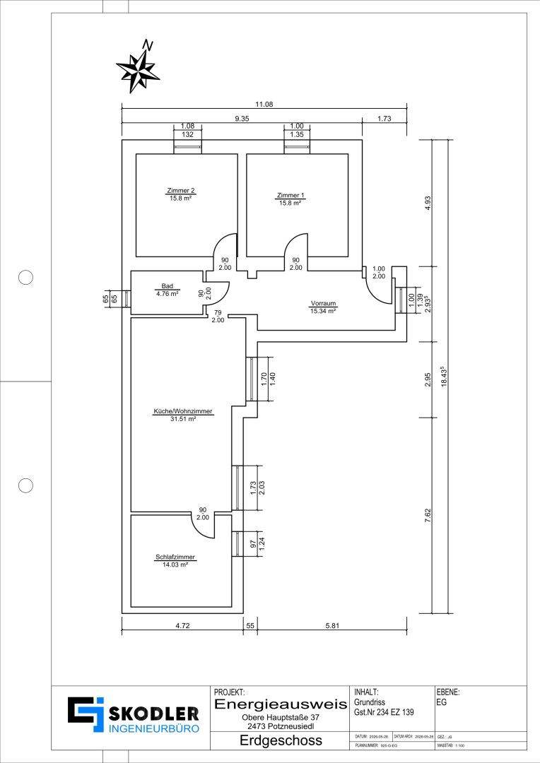 Grundriss des Erdgeschosses mit Zimmeraufteilung und Flächenangaben in Quadratmetern.
