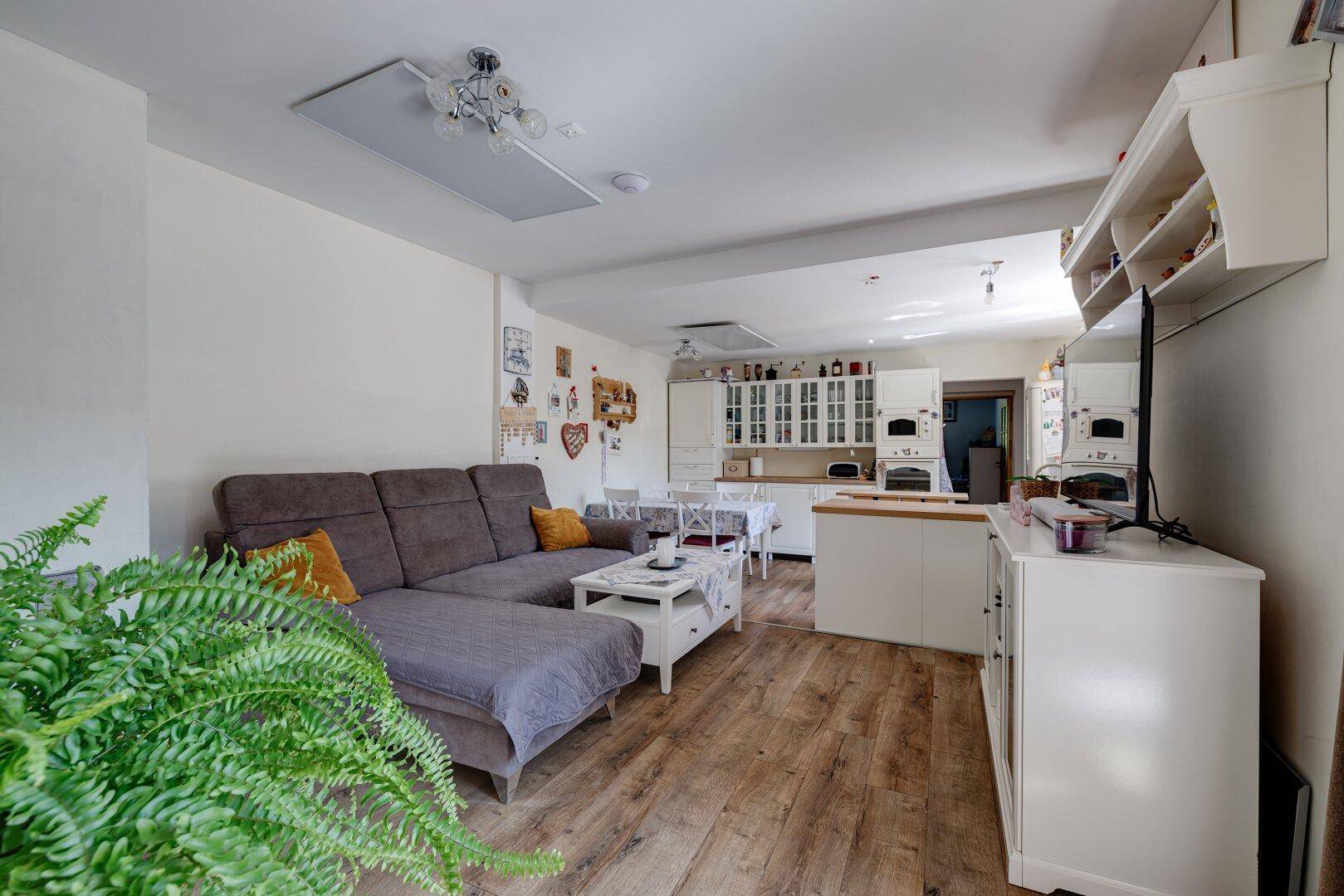 Offener Wohn-Essbereich mit gemütlichem Sofa, Holzoptikboden und integrierter Küche.