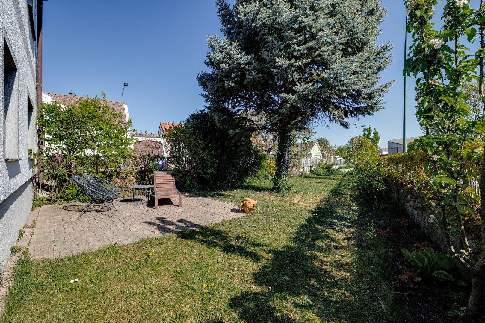 Sonniger Gartenbereich mit Rasenfläche, Baumbestand und kleiner Terrasse.