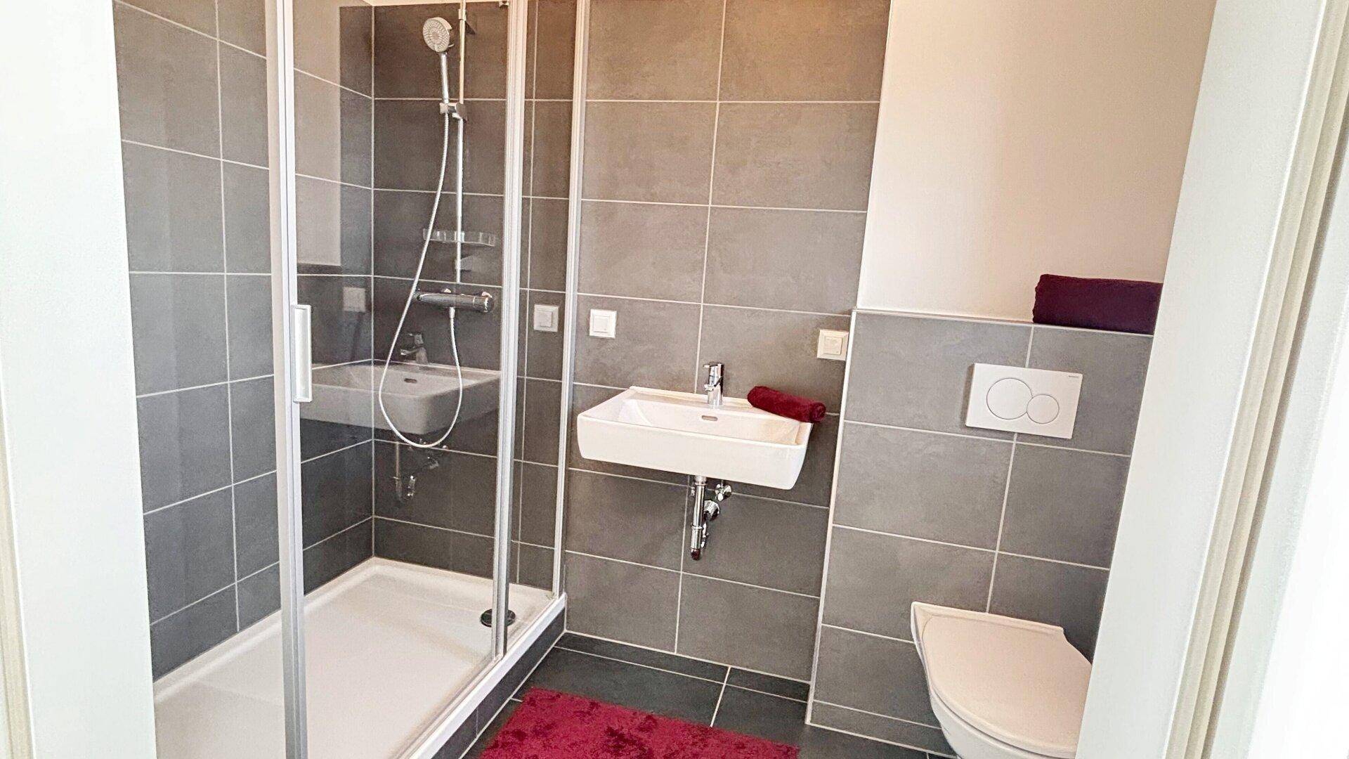 Modernes Badezimmer mit grauen Fliesen, Duschkabine und wandhängendem WC.