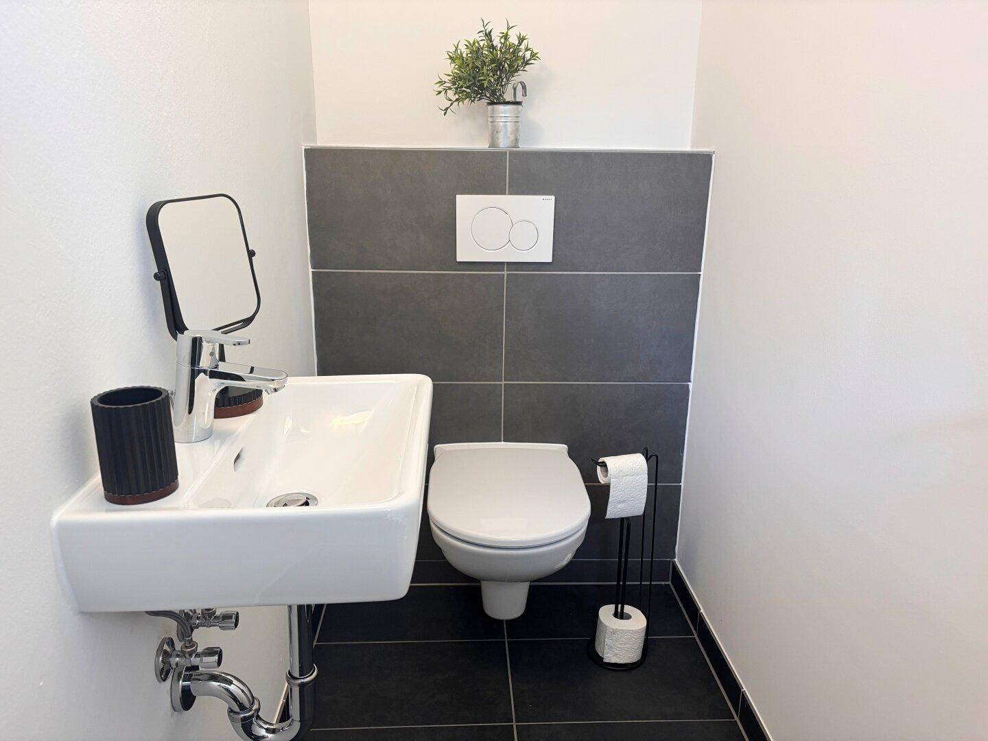 Modernes Gäste-WC mit Wand-WC, kleinem Waschbecken und dunklen Fliesen.