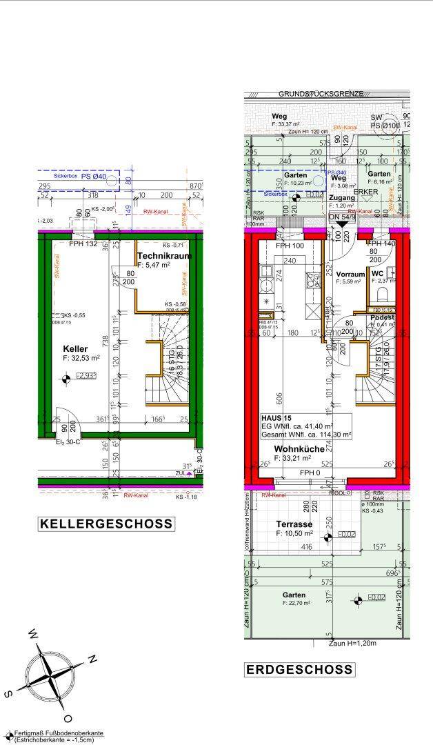 Grundriss des Keller- und Erdgeschosses mit Technikraum, Garten und Terrasse.