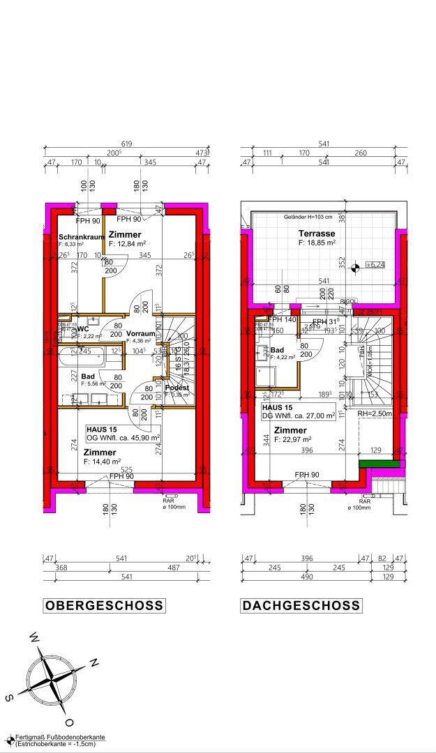 Grundriss des Ober- und Dachgeschosses mit Zimmern, Balkon und Dachterrasse.