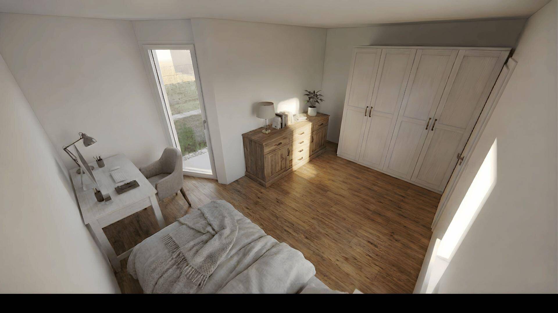 Helles Schlafzimmer mit Holzboden, großem Fenster, Kleiderschrank und Schreibtischbereich.