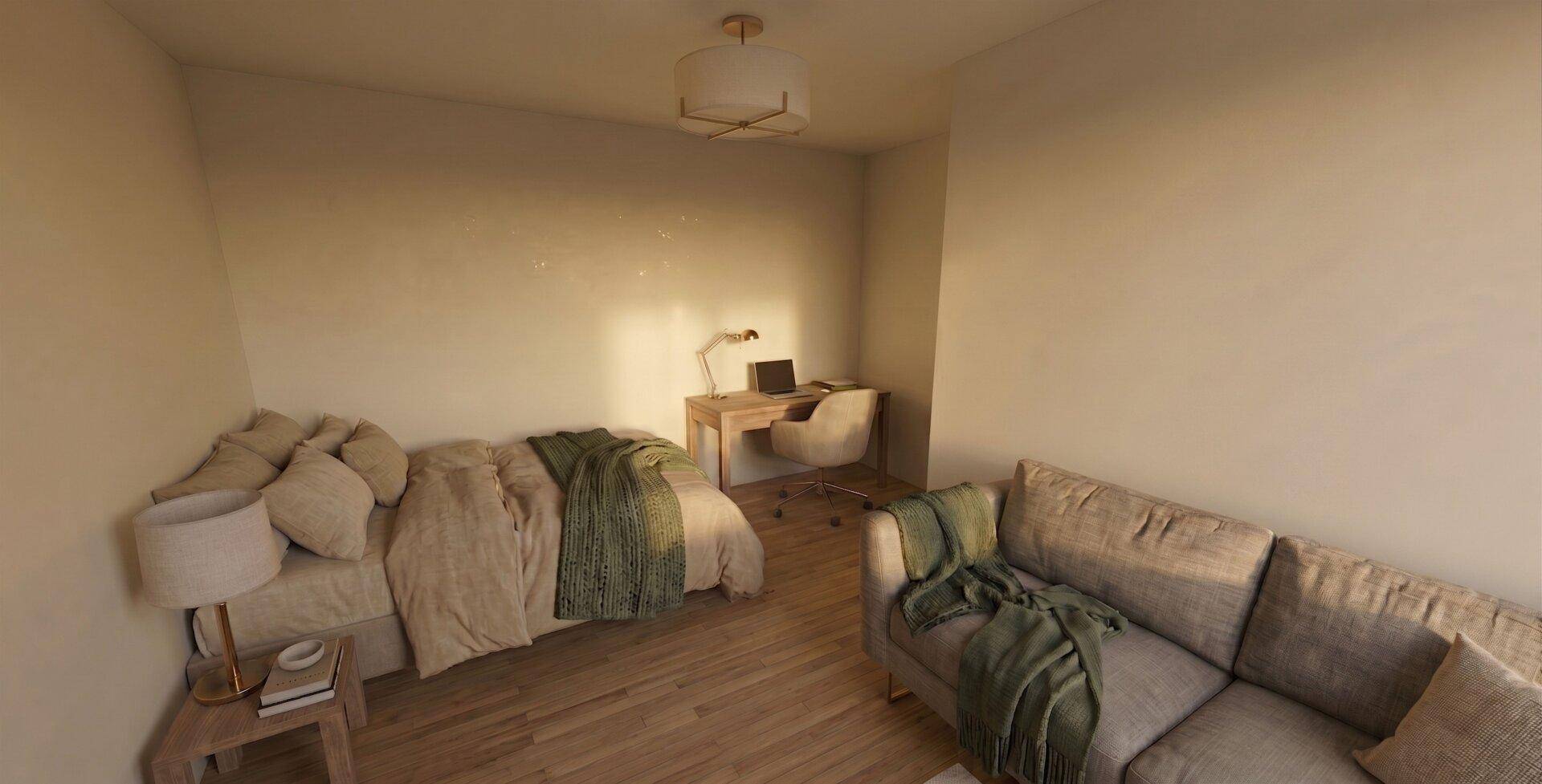 Gemütliches Schlafzimmer mit Holzboden, Sofa und Schreibtisch, ideal als Gäste- oder Arbeitszimmer.