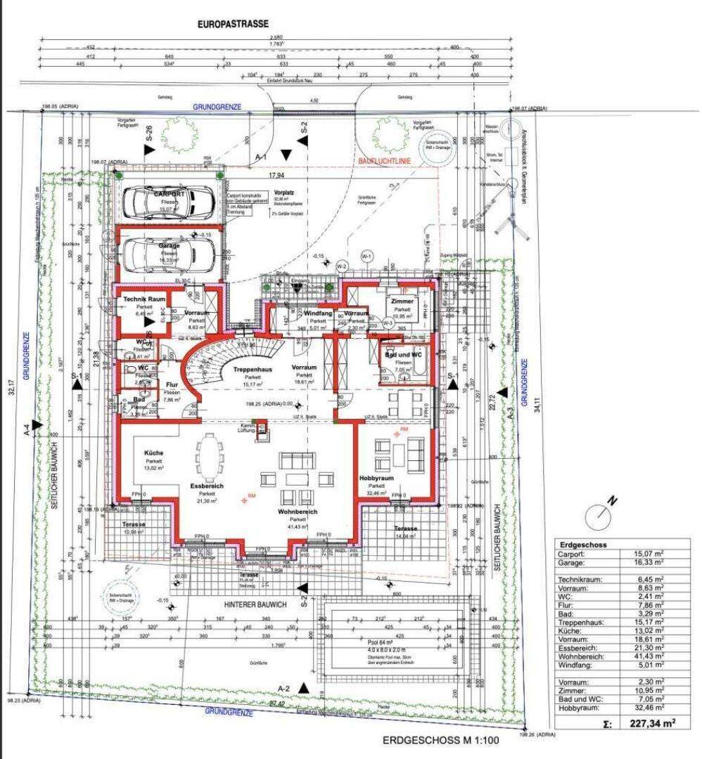 Grundriss des Erdgeschosses mit offenem Wohnbereich, Küche, Esszimmer und Doppelgarage.