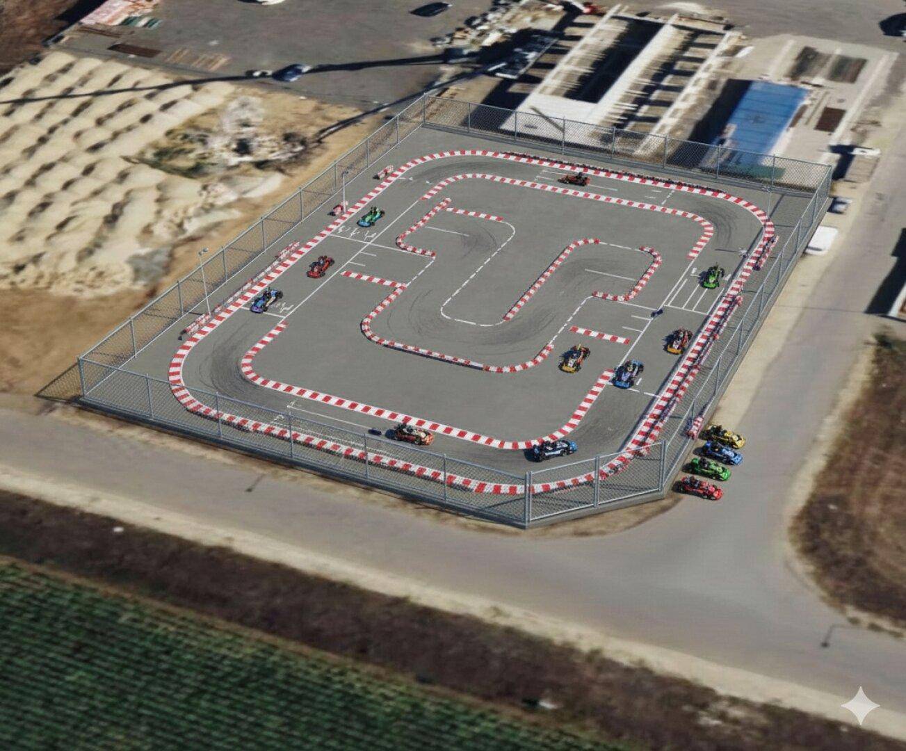 Luftaufnahme einer eingezäunten Go-Kart-Bahn mit mehreren Karts auf der Rennstrecke.