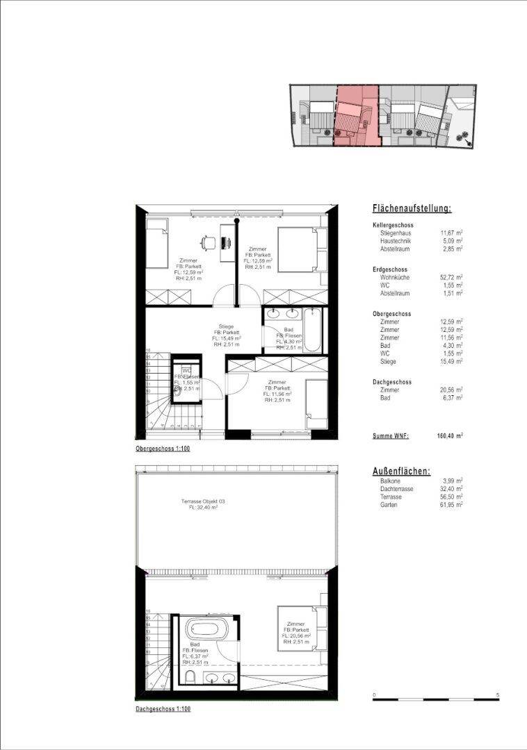 Grundriss des Ober- und Dachgeschosses mit Schlafzimmern, Bädern und großer Dachterrasse für Objekt 03.