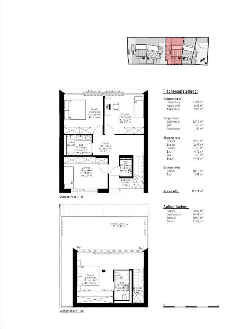 Grundriss des Ober- und Dachgeschosses mit Schlafzimmern, Bädern und großer Dachterrasse für Objekt 02.