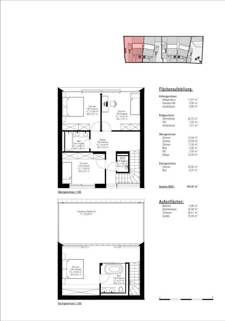 Grundriss des Ober- und Dachgeschosses mit Schlafzimmern, Bädern und großer Dachterrasse für Objekt 04.