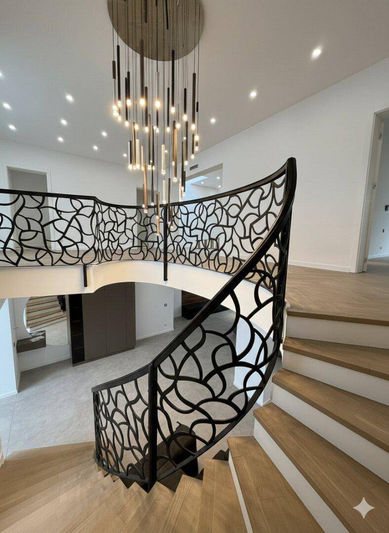 Beeindruckende Treppe mit Designer-Kronleuchter und modernem Geländer im oberen Bereich.