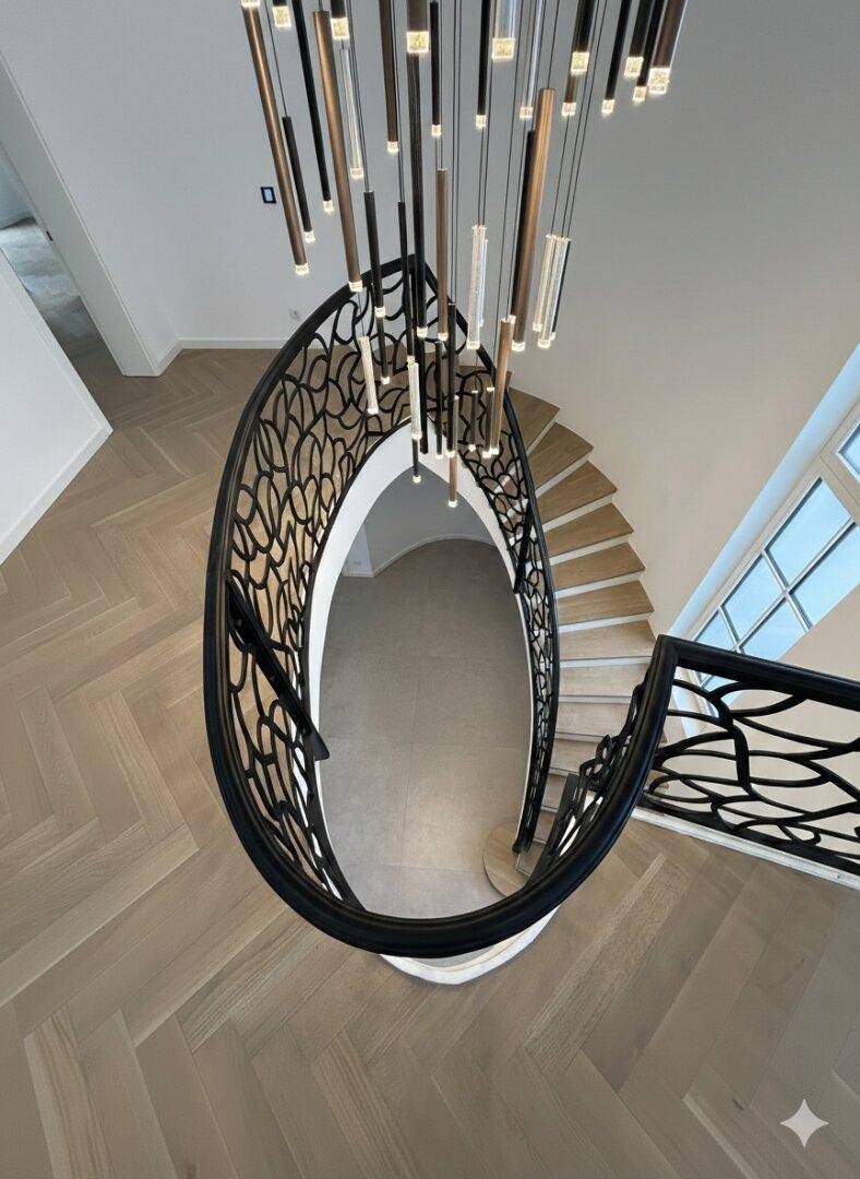 Blick von oben auf die geschwungene Treppe mit Fischgrätparkett und modernem Kronleuchter.